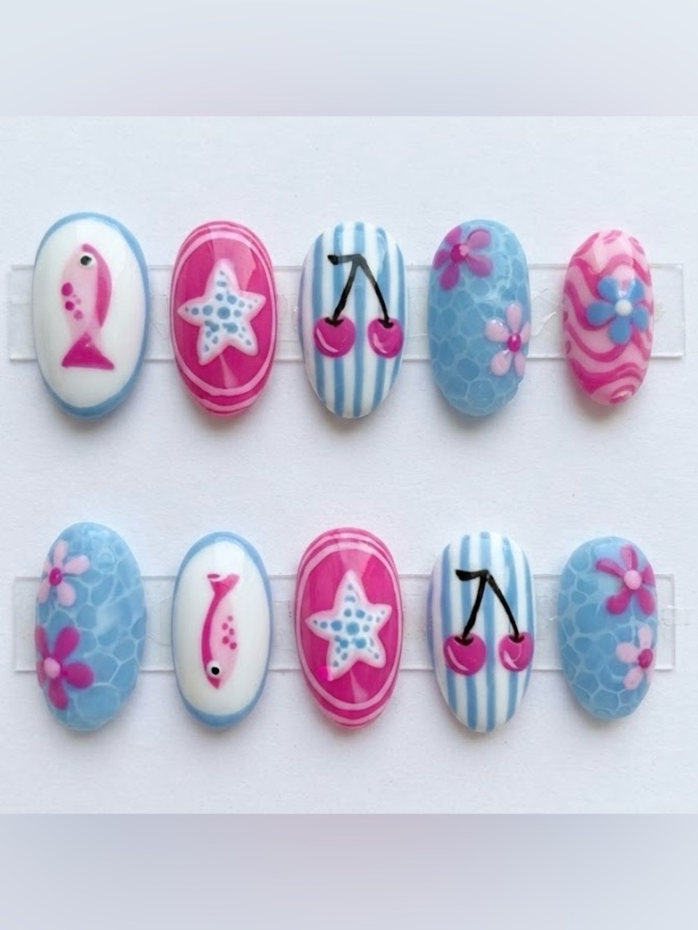 Handmade Coastal Cherry Press-On Nails | Pink & Blue Summer Nail Set